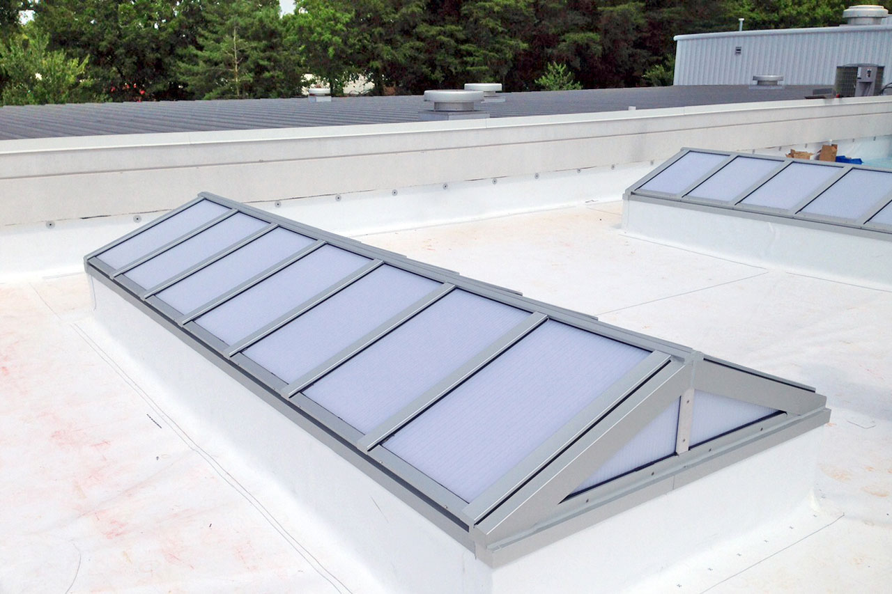 Classic Framing System, Double Pitch (CLSDP), 13' x 5', 5:12 Pitch. Glazing: 25mm Opal Multiwall Polycarbonate. Finish: Clear Anodized. 